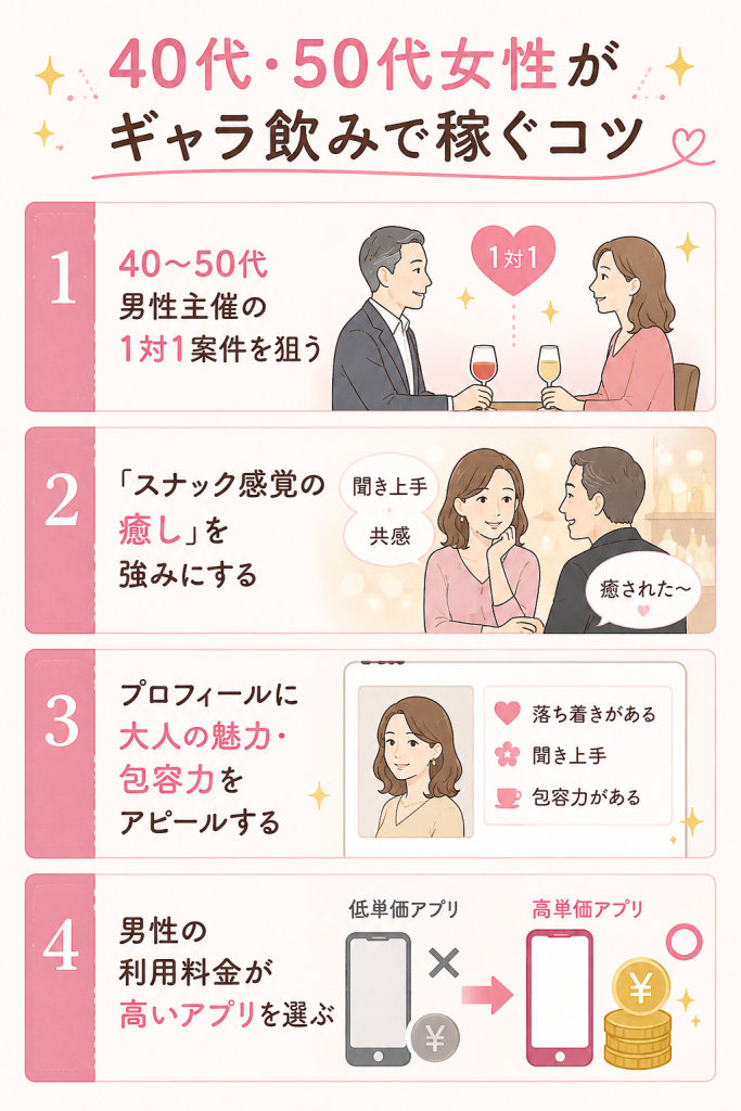 40代・50代女性がギャラ飲みで稼ぐコツ